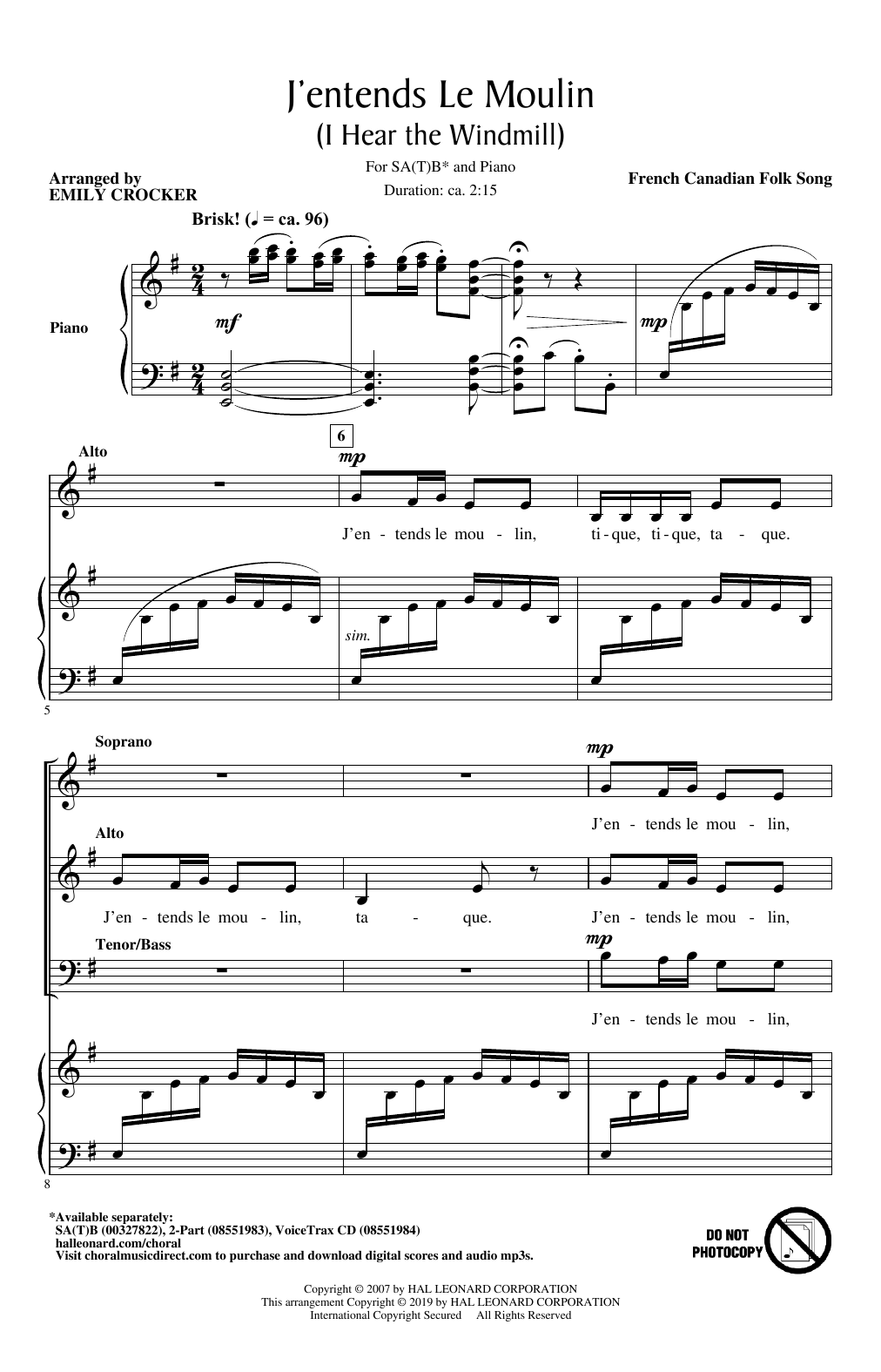 French Canadian Folk Song J'entends Le Moulin (I Hear the Windmill) (arr. Emily Crocker) Sheet Music