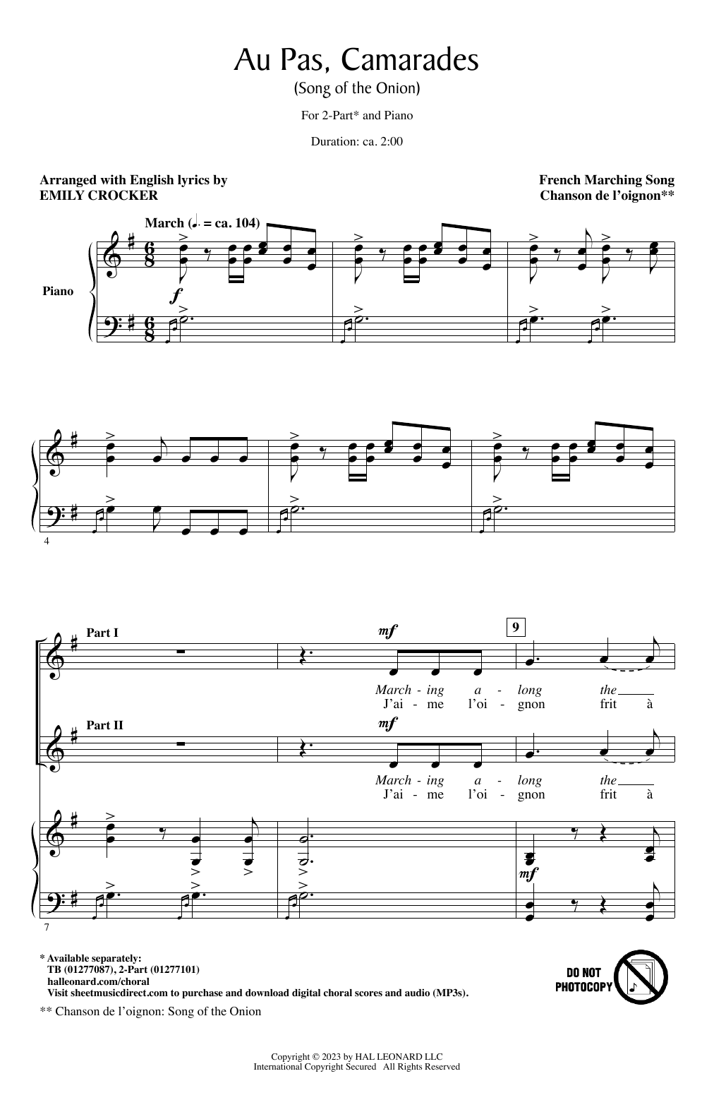French Marching Song Au Pas, Camarades (Song Of The Onion) (arr. Emily Crocker) Sheet Music