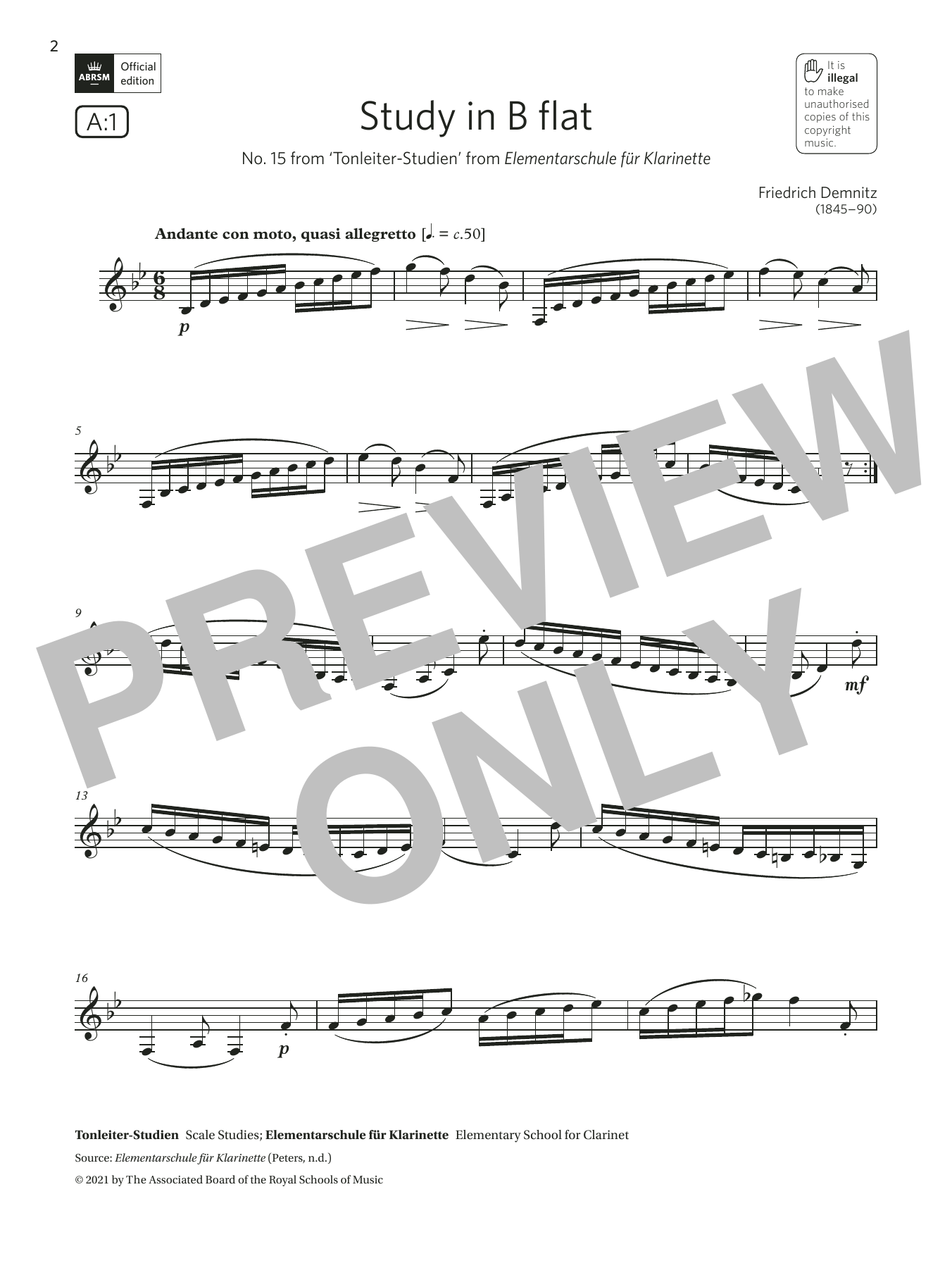 Friedrich Demnitz Study in B flat ('Tonleiter-Studien') (Grade 5 List A1 from the ABRSM Clarinet s Sheet Music