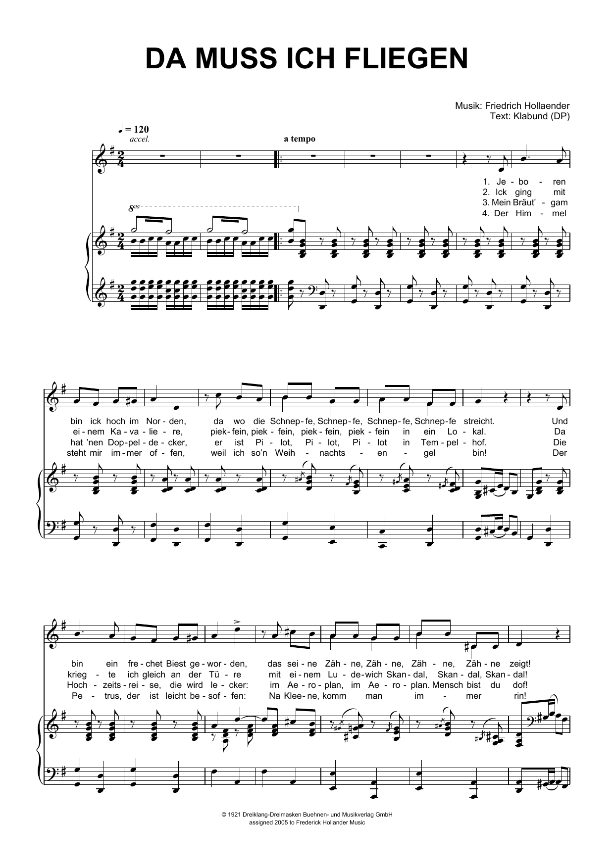 Friedrich Hollaender Da Muss Ich Fliegen Sheet Music