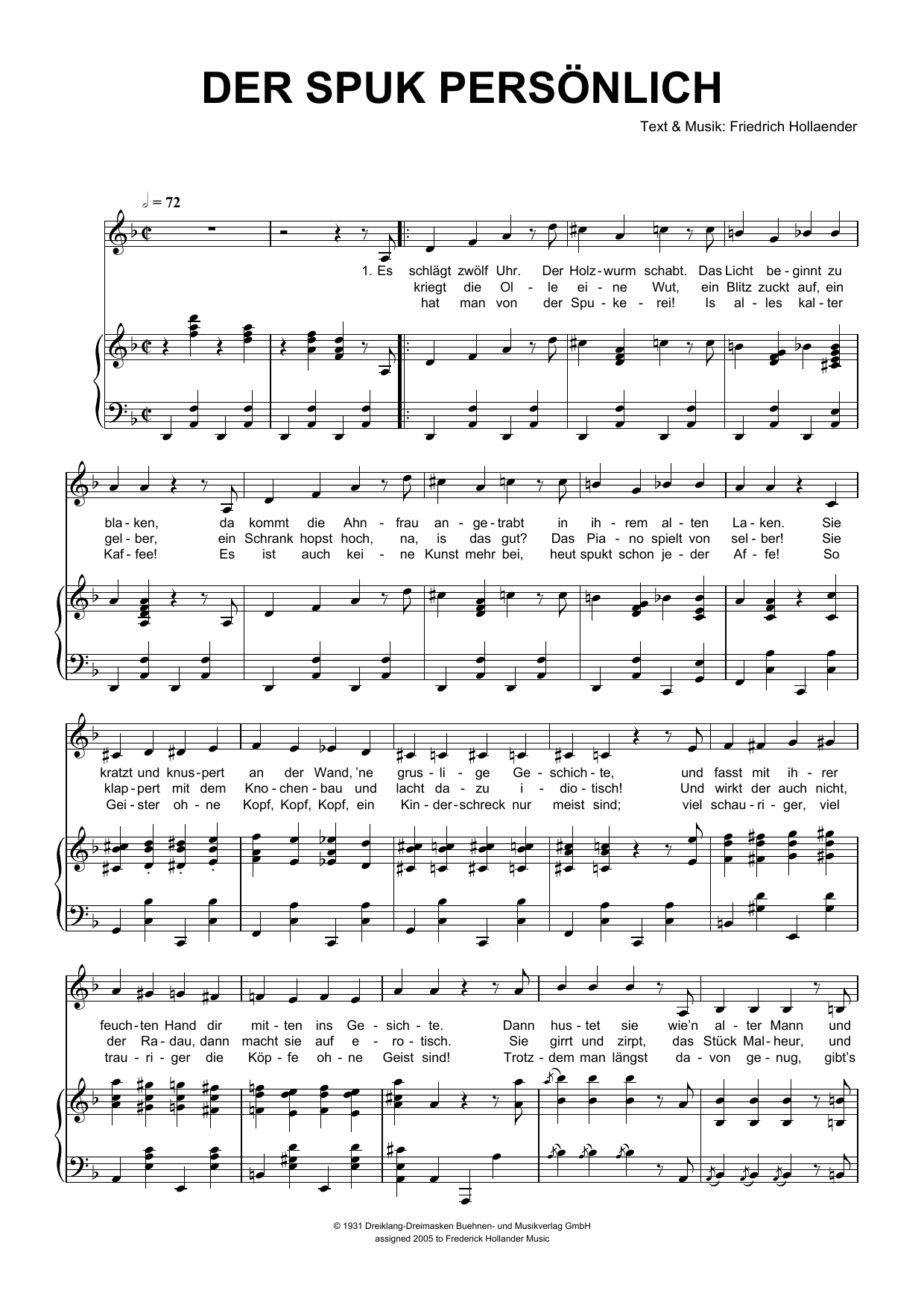 Friedrich Hollaender Der Spuk Personlich Sheet Music