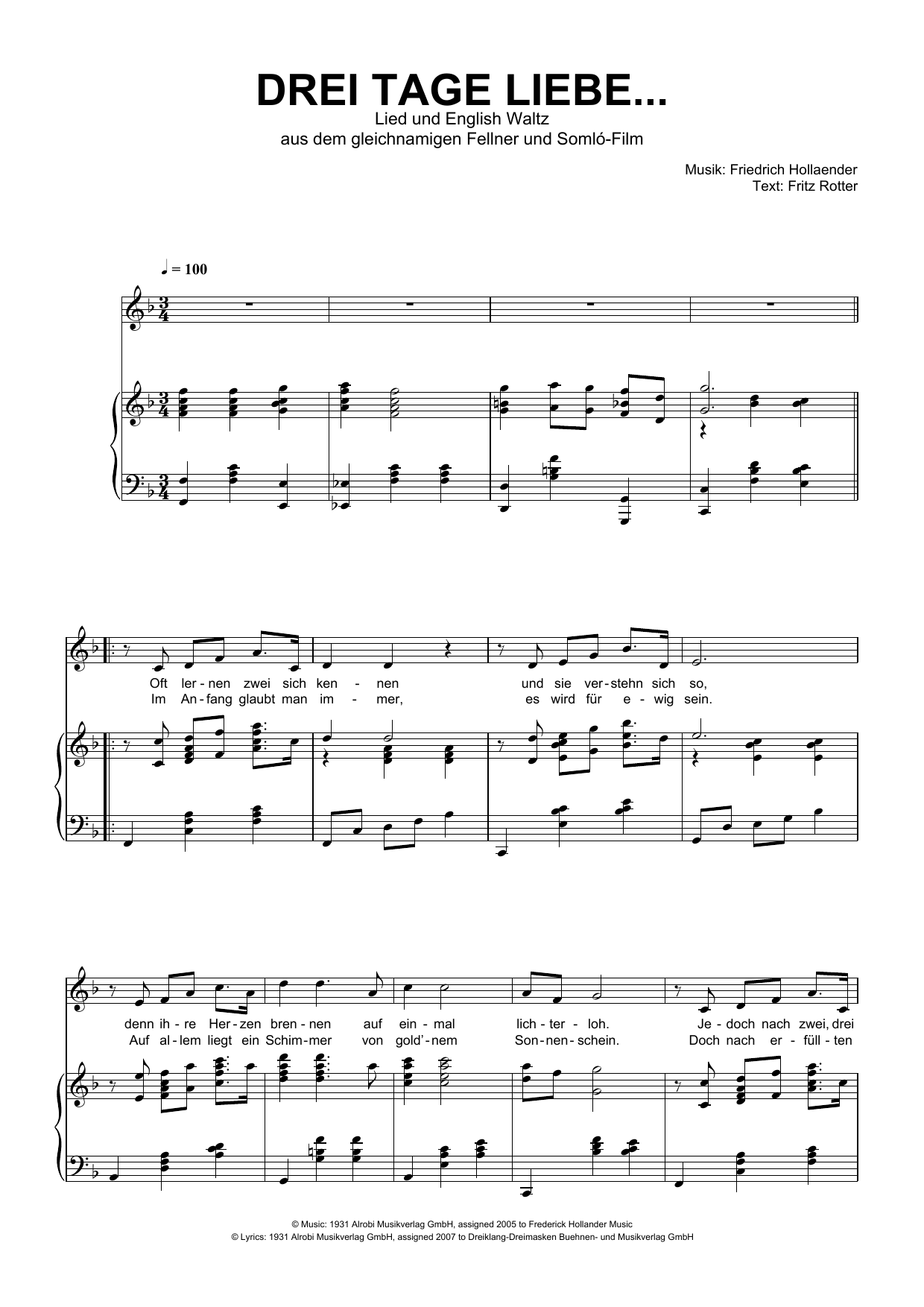 Friedrich Hollaender Drei Tage Liebe Sheet Music