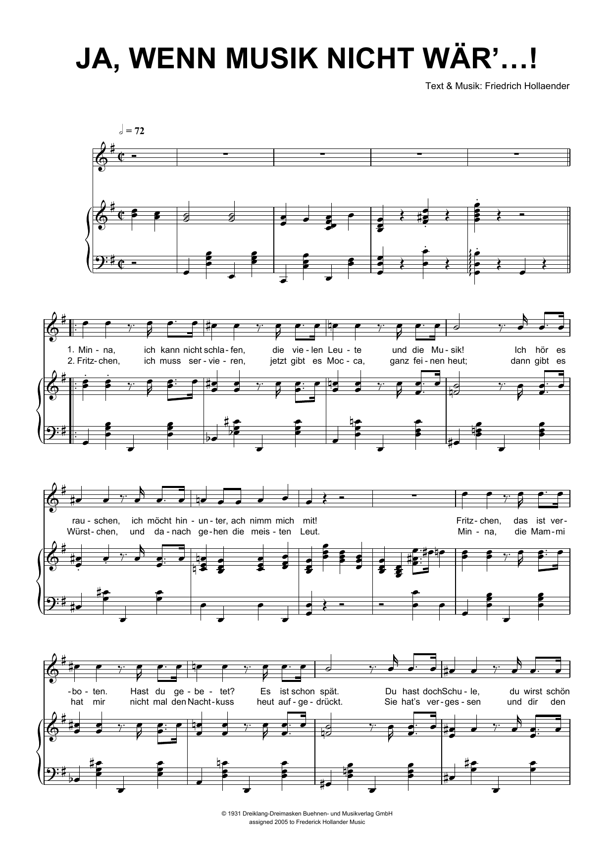 Friedrich Hollaender Ja, Wenn Die Musik Nicht War'...! Sheet Music