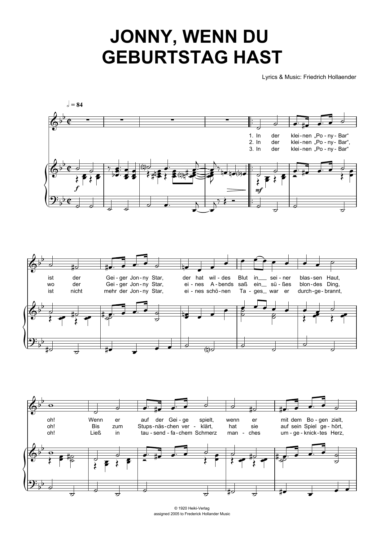 Friedrich Hollaender Jonny, Wenn Du Geburtstag Hast Sheet Music