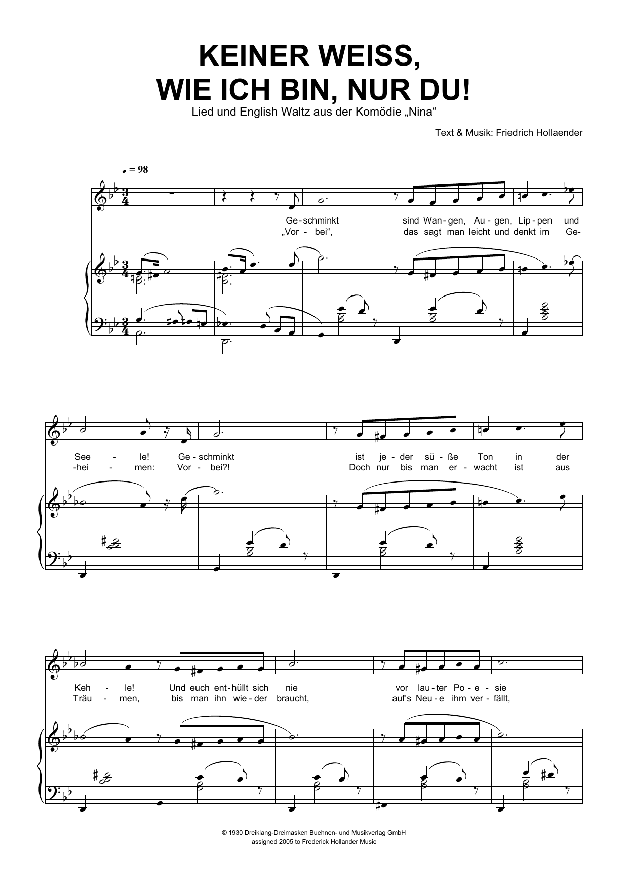 Friedrich Hollaender Keiner Weiss, Wie Ich Bin, Nur Du! Sheet Music