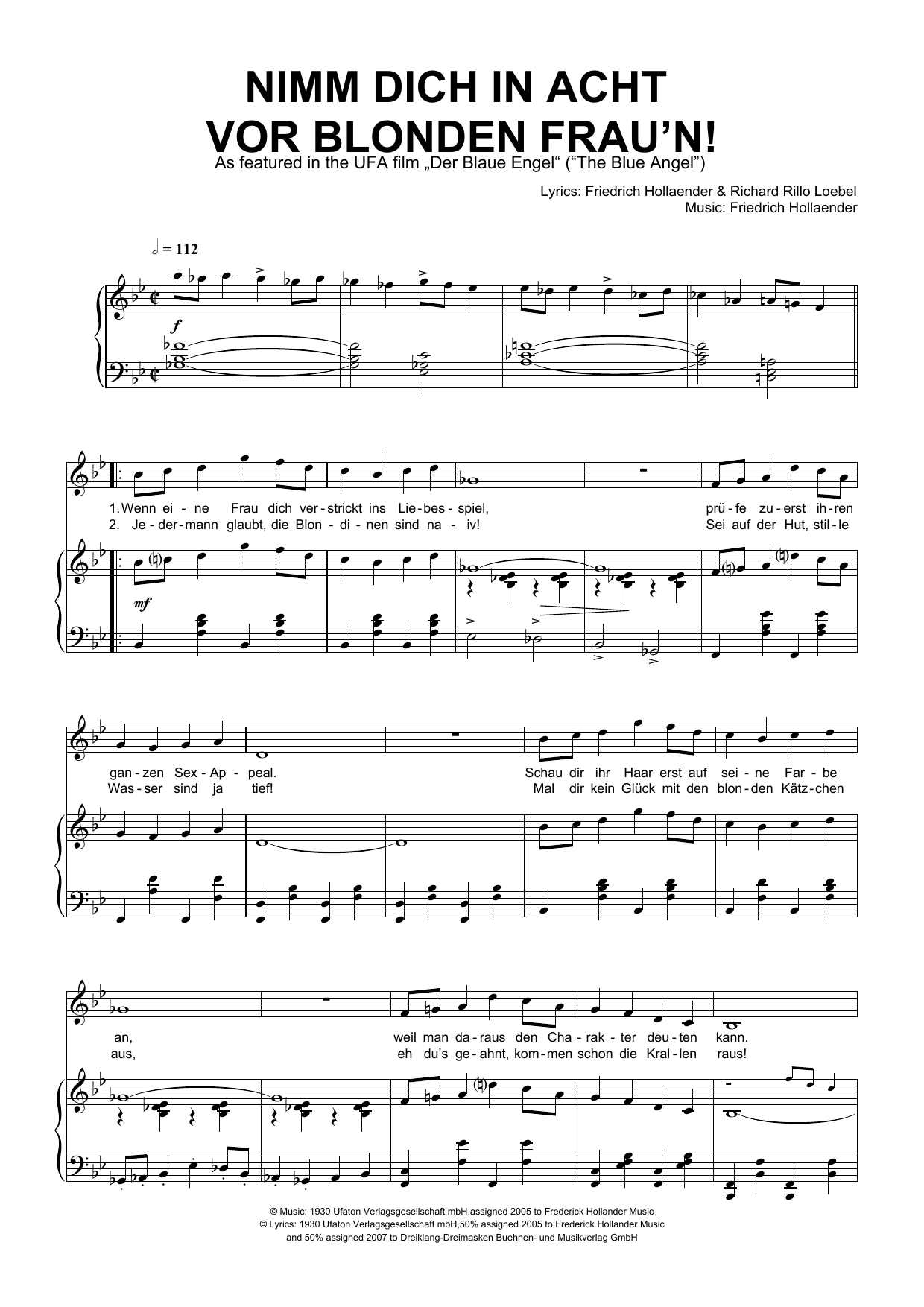 Friedrich Hollaender Nimm Dich In Acht Vor Blonden Frau'n! Sheet Music