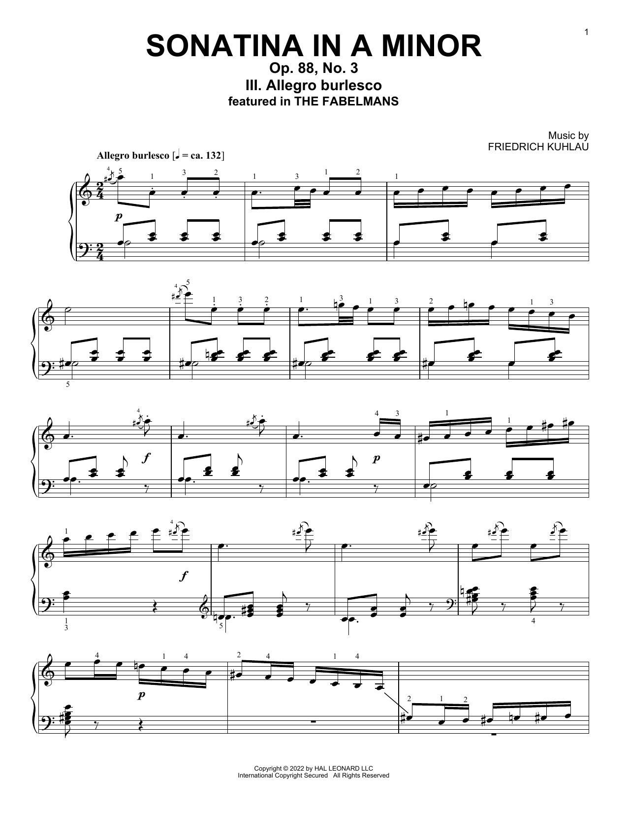 Friedrich Kuhlau Allegro Burlesco, Sonatina In A Minor, Op. 88, No. 3 Sheet Music