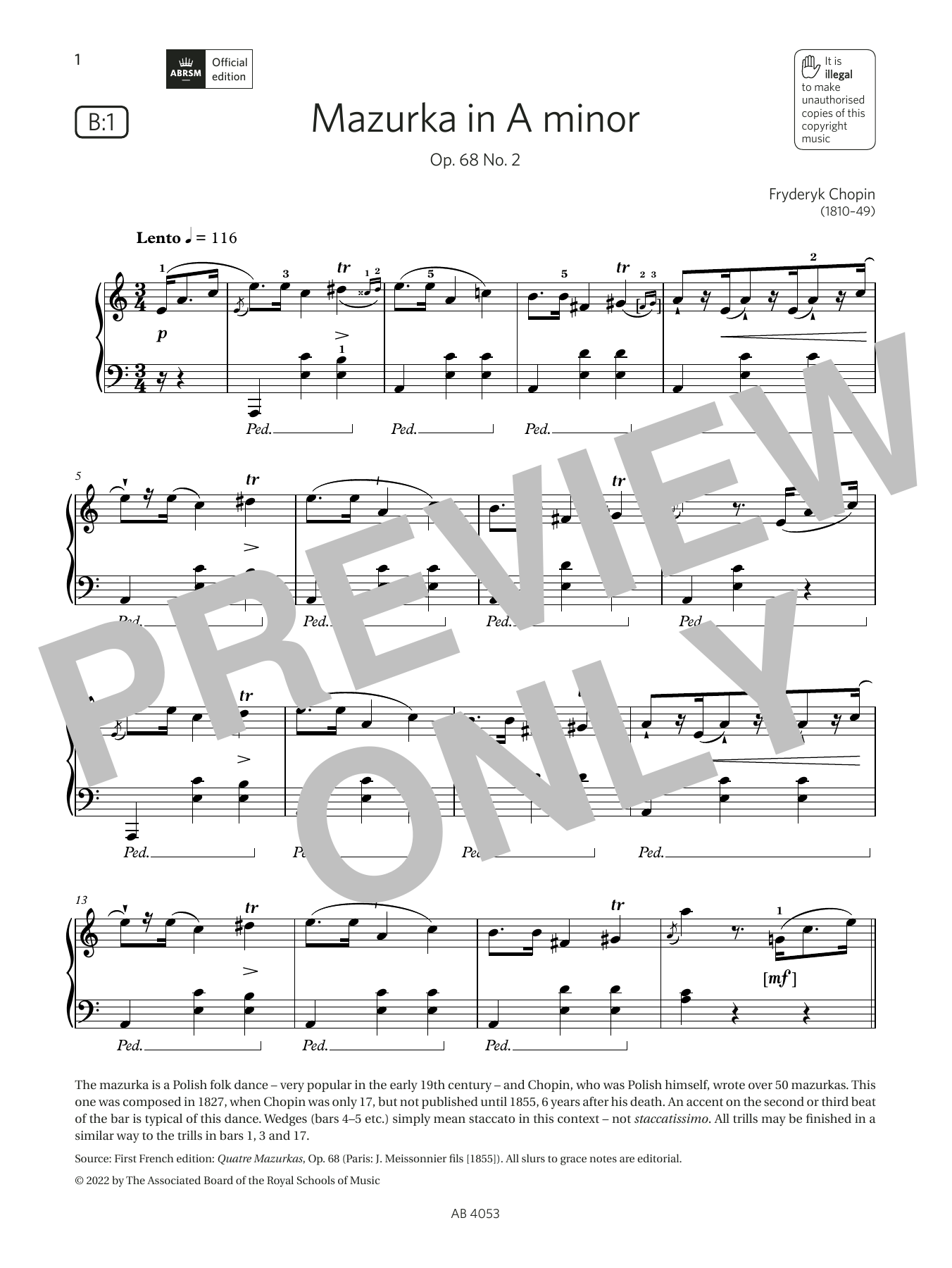 Fryderyk Chopin Mazurka in A minor (Grade 7, list B1, from the ABRSM Piano Syllabus 2023 & 2024) Sheet Music