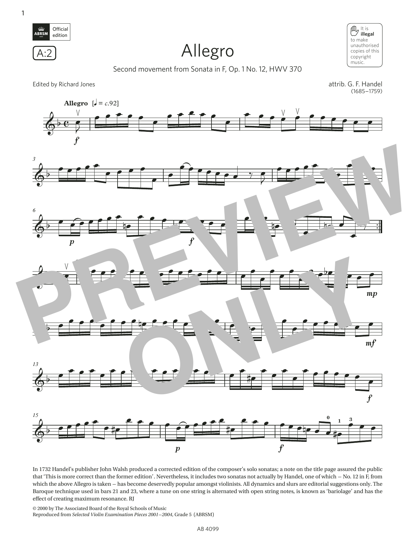 G. F. Handel Allegro (Grade 5, A2, from the ABRSM Violin Syllabus from 2024) Sheet Music