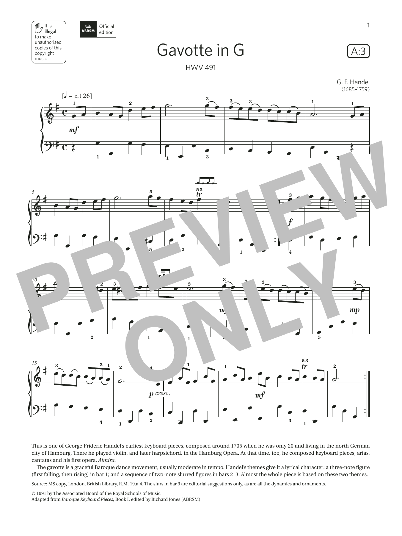 G. F. Handel Gavotte in G (Grade 3, list A3, from the ABRSM Piano Syllabus 2021 & 2022) Sheet Music
