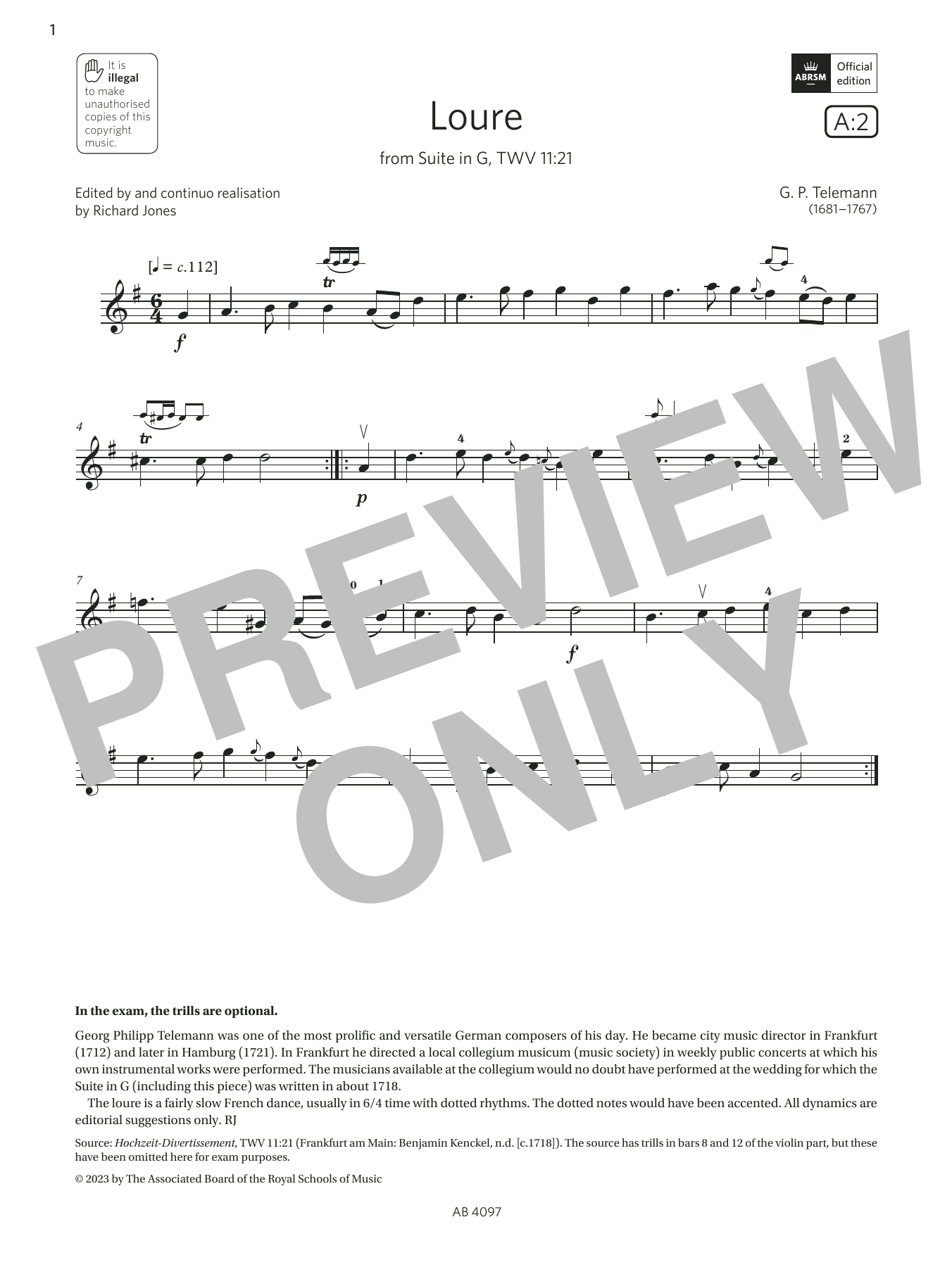 G. P. Telemann Loure (Grade 3, A2, from the ABRSM Violin Syllabus from 2024) Sheet Music