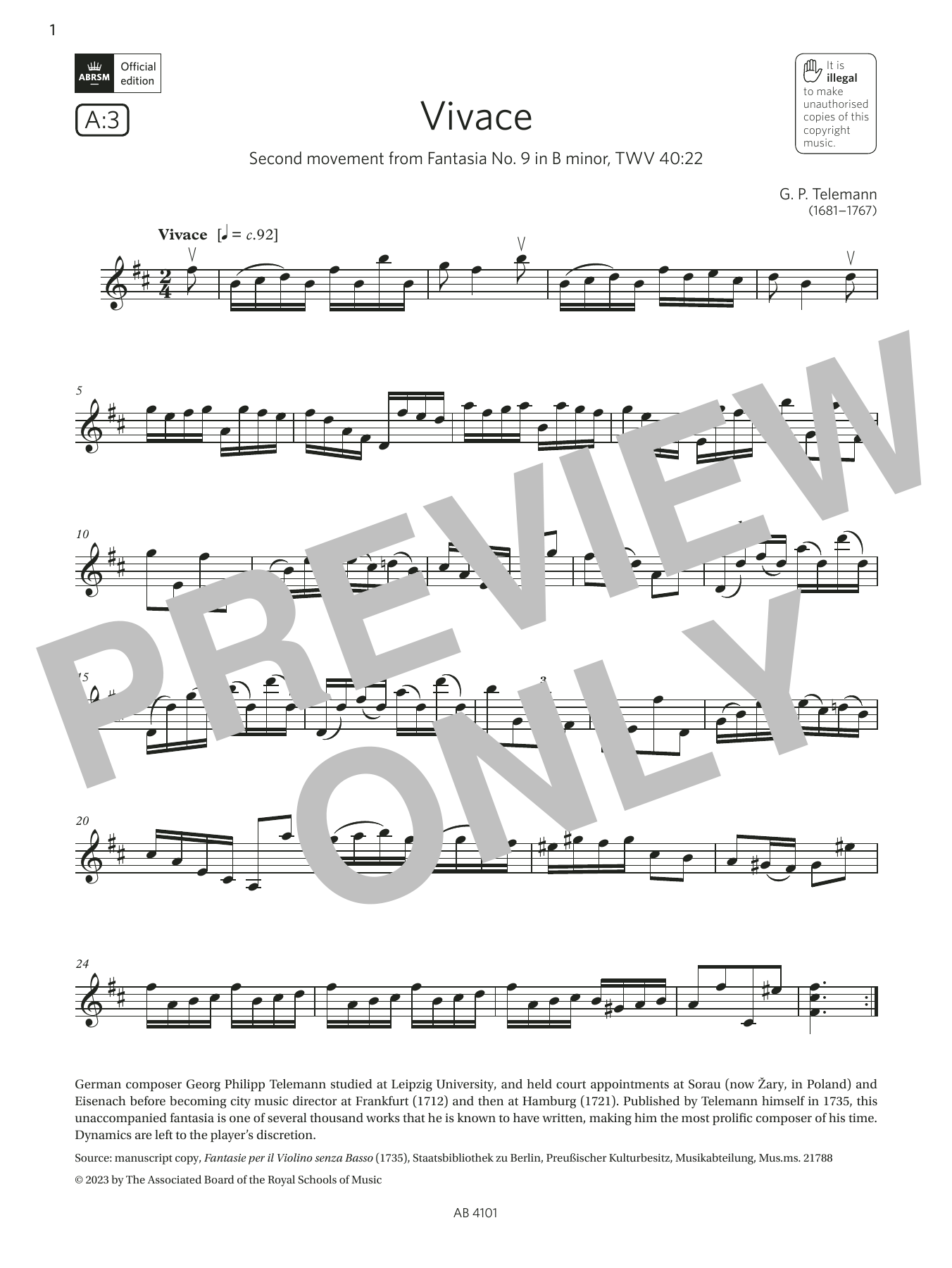 G. P. Telemann Vivace (Grade 7, A3, from the ABRSM Violin Syllabus from 2024) Sheet Music