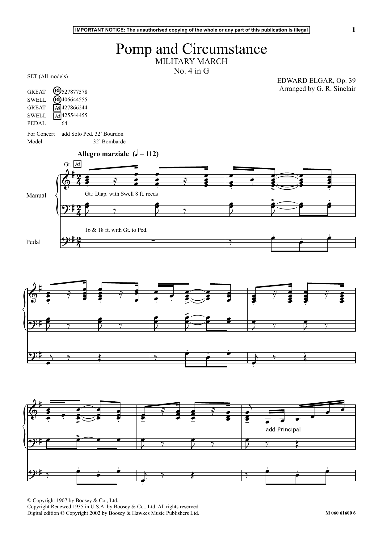 G. R. Sinclair Pomp And Circumstance (Military March No. 4 In G) Sheet Music