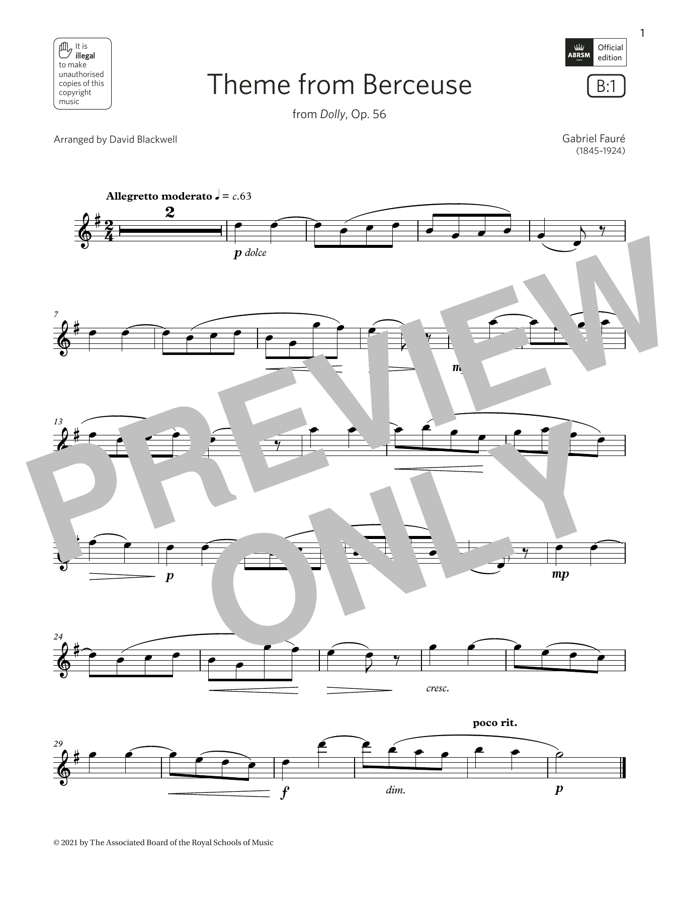 Gabriel Faure Theme from Berceuse (from Dolly, Op. 56) (Grade 2 List B1 from the ABRSM Flute Sheet Music