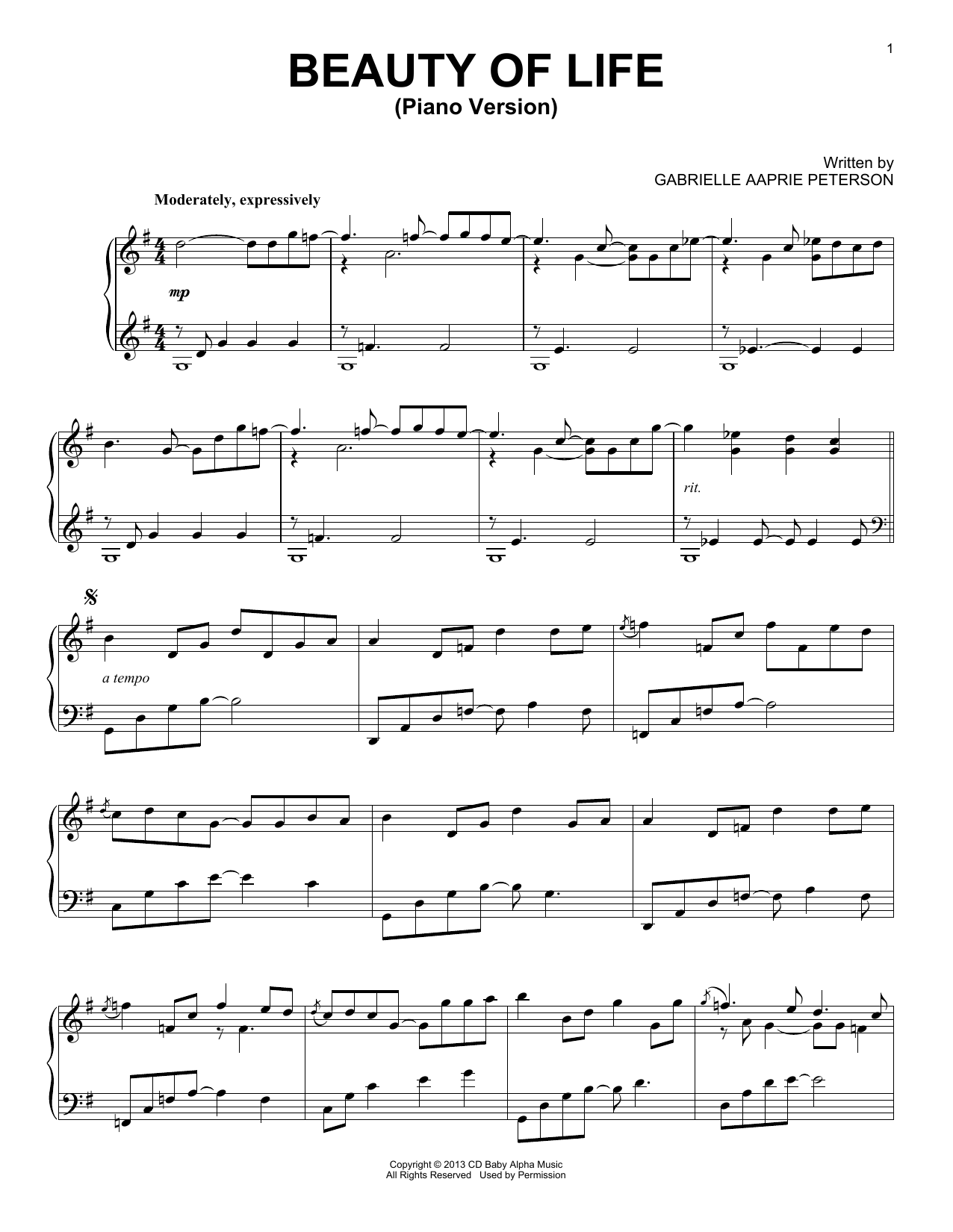 Gabrielle Aapri Beauty Of Life Sheet Music