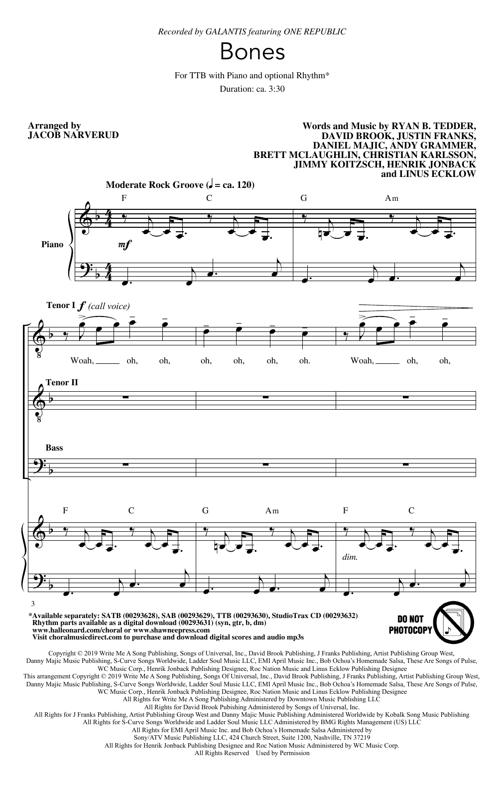 Galantis Bones (feat. OneRepublic) (arr. Jacob Narverud) Sheet Music