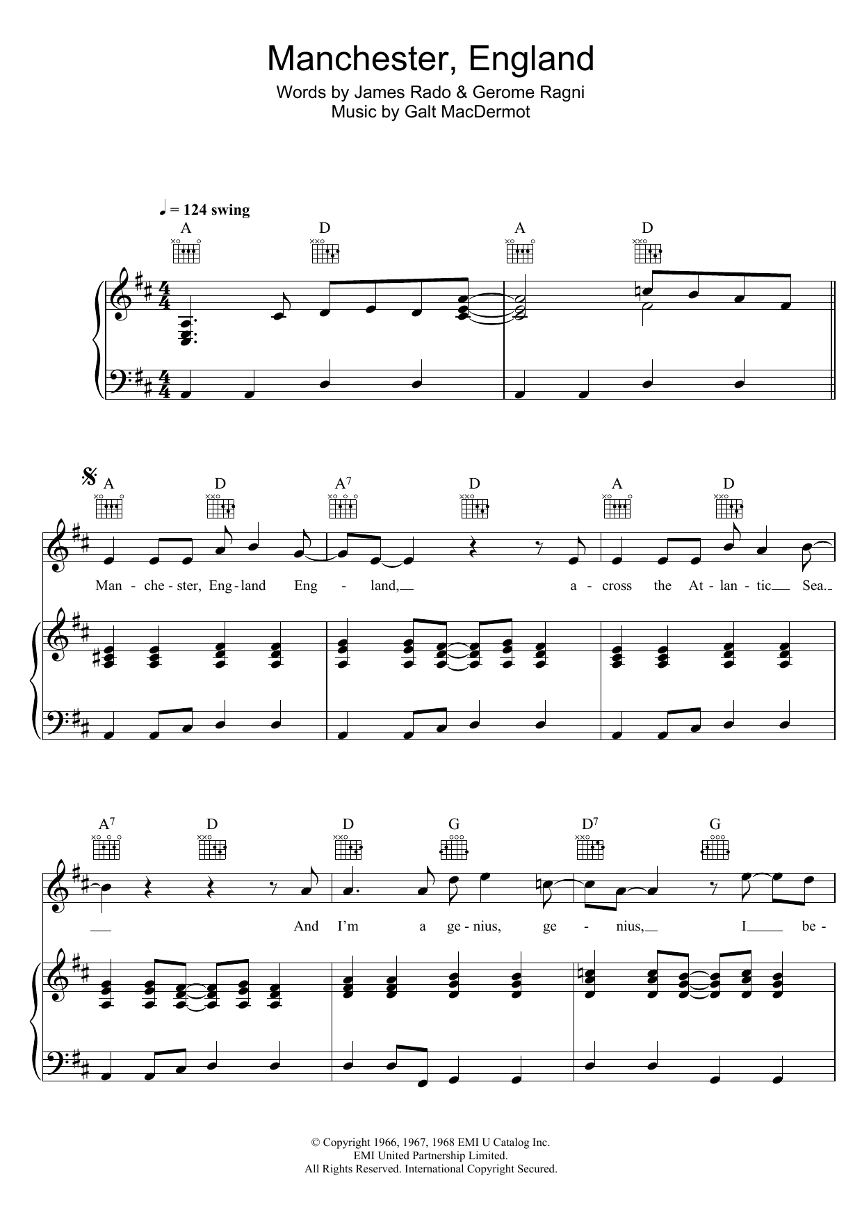 Galt MacDermot Manchester, England (from 'Hair') Sheet Music