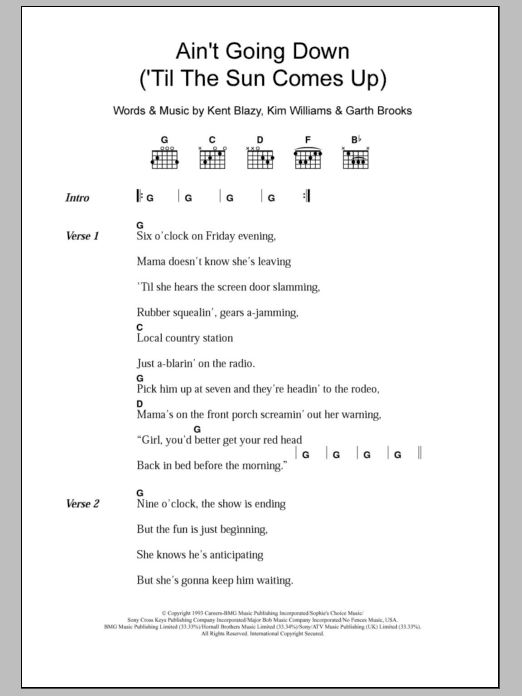 Garth Brooks Ain't Going Down (Til The Sun Comes Up) Sheet Music