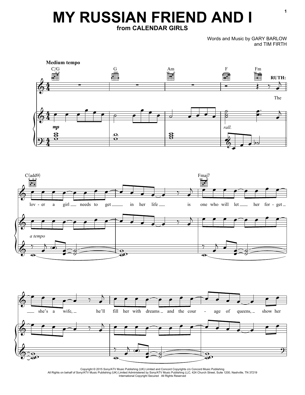 Gary Barlow and Tim Firth My Russian Friend And I (from Calendar Girls the Musical) Sheet Music