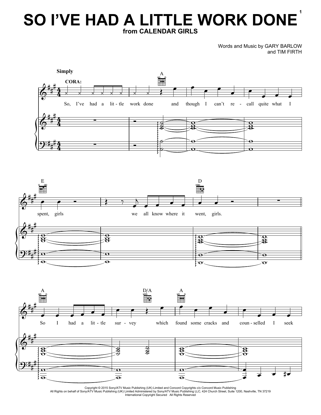Gary Barlow and Tim Firth So I've Had A Little Work Done (from Calendar Girls the Musical) Sheet Music