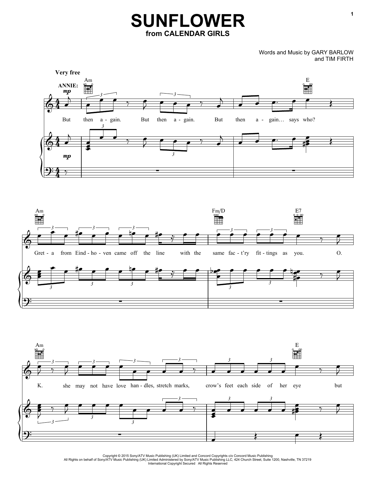 Gary Barlow and Tim Firth Sunflower (from Calendar Girls the Musical) Sheet Music