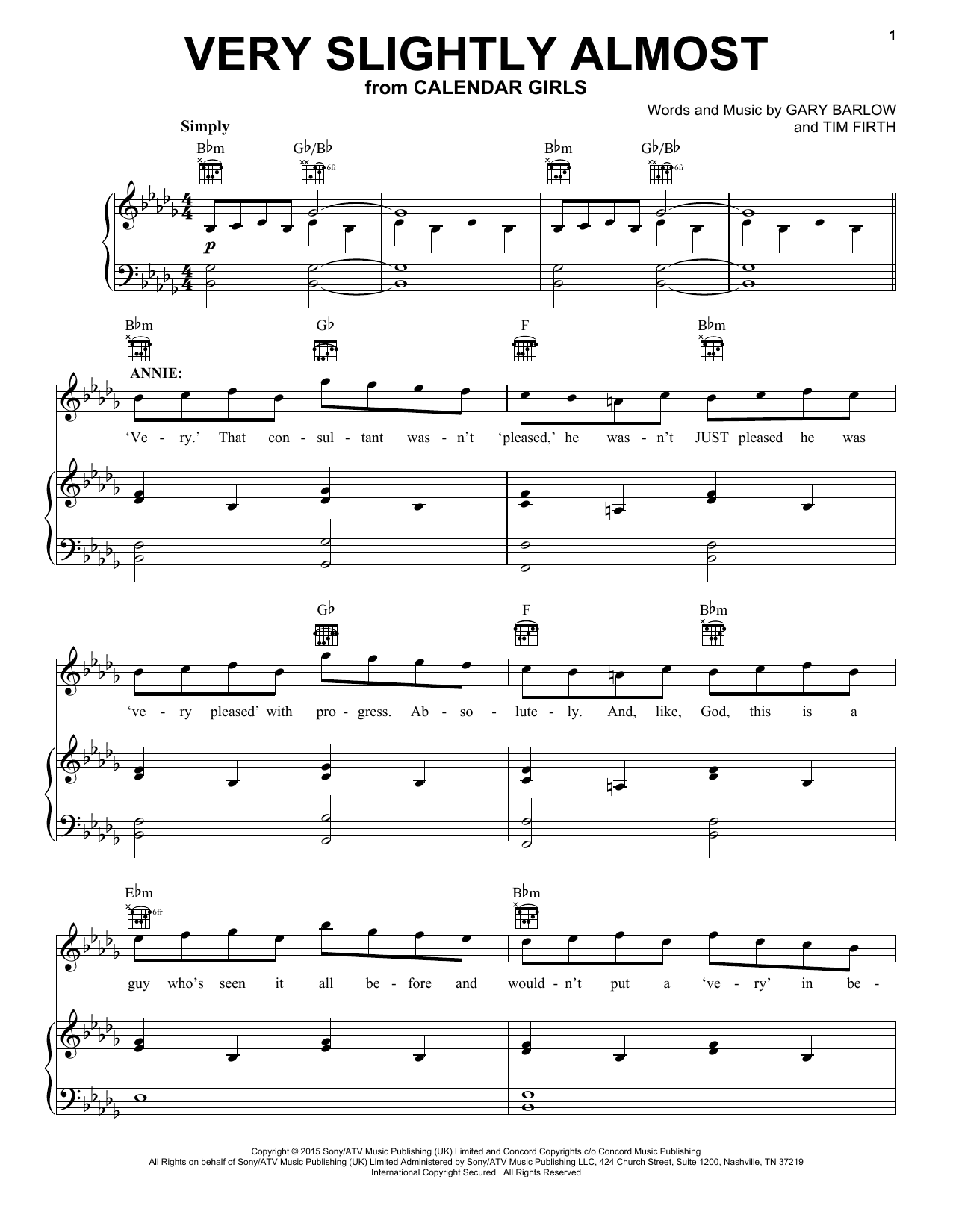 Gary Barlow and Tim Firth Very Slightly Almost (from Calendar Girls the Musical) Sheet Music