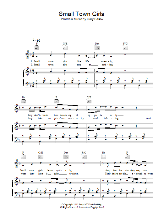 Gary Barlow Small Town Girls Sheet Music