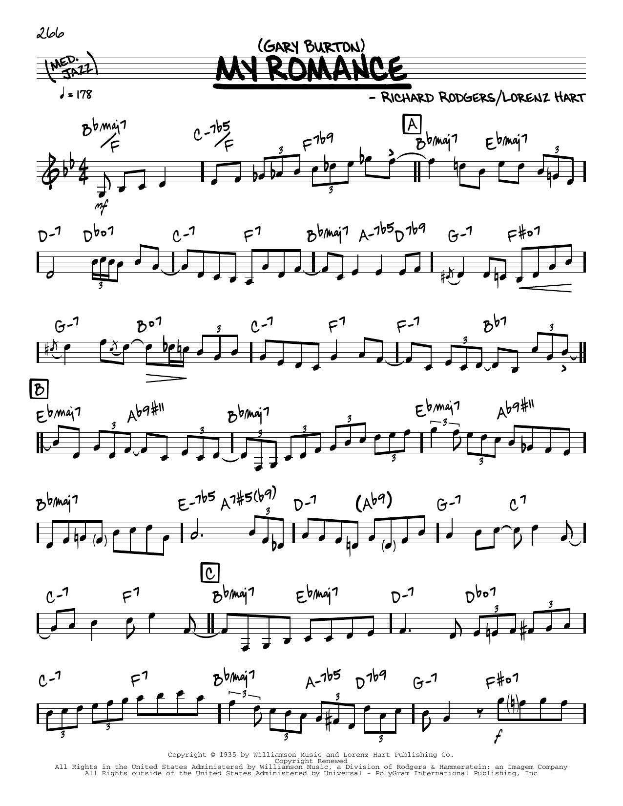 Gary Burton My Romance (solo only) Sheet Music