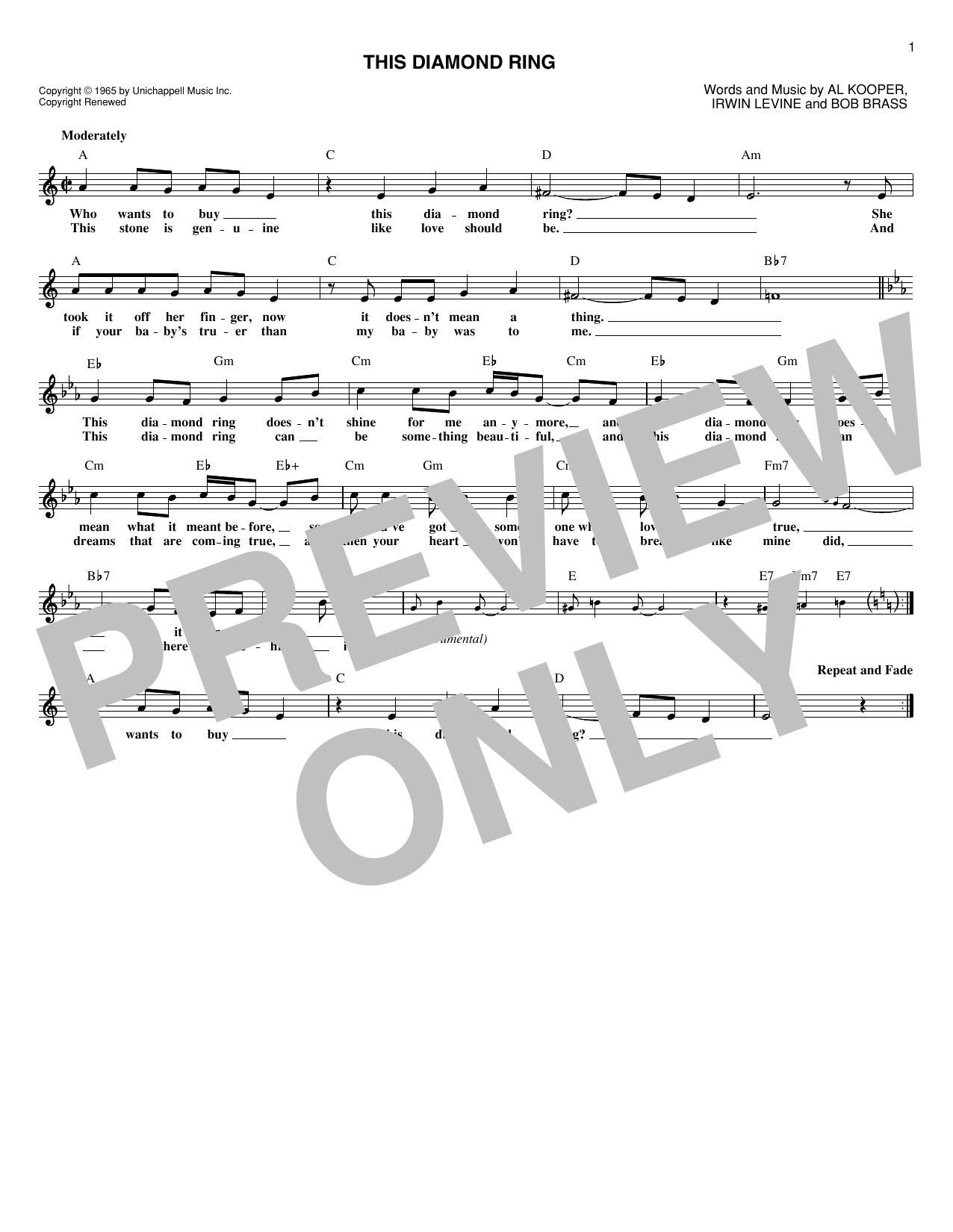 Gary Lewis & The Playboys This Diamond Ring Sheet Music