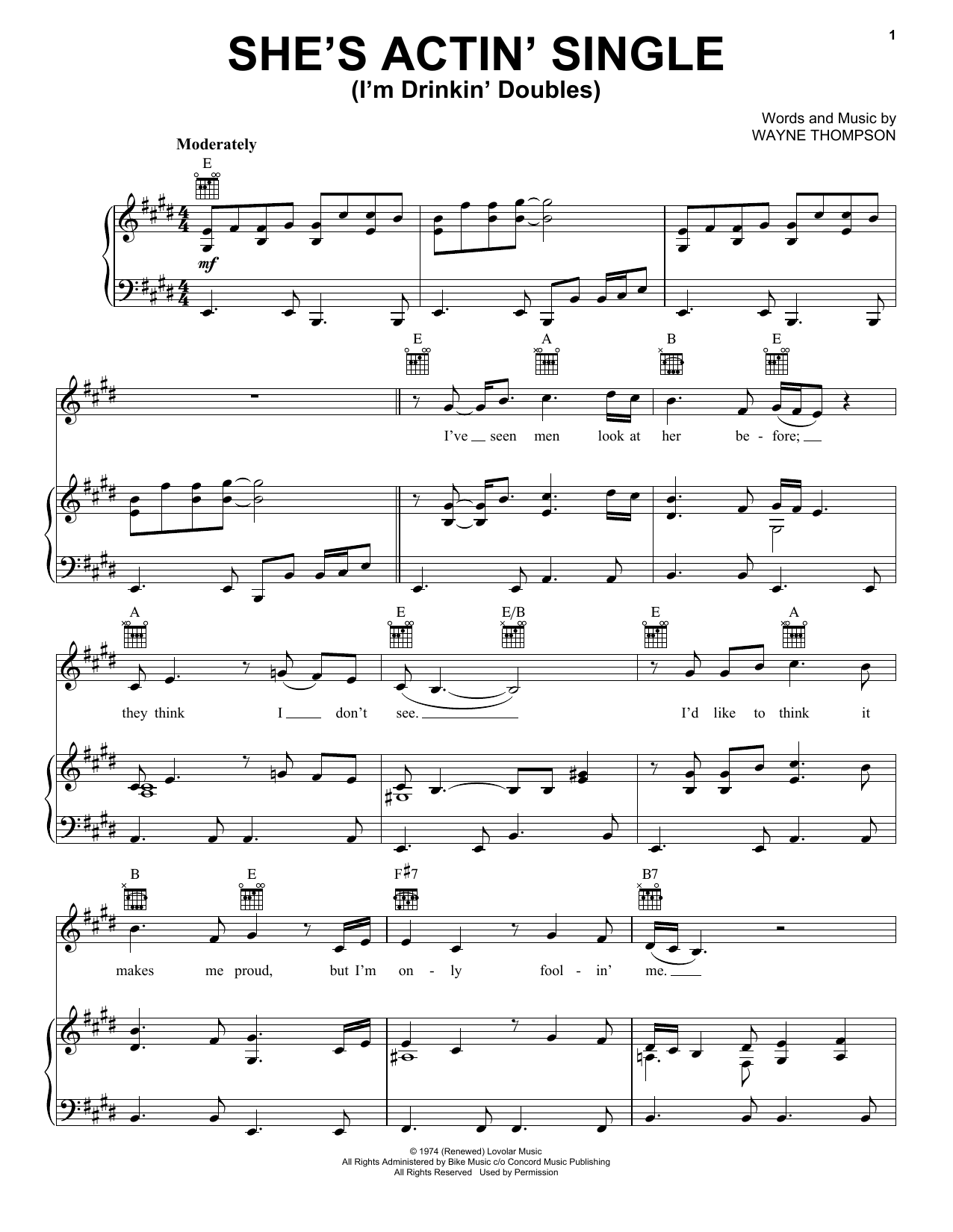 Gary Stewart She's Actin' Single (I'm Drinkin' Doubles) Sheet Music