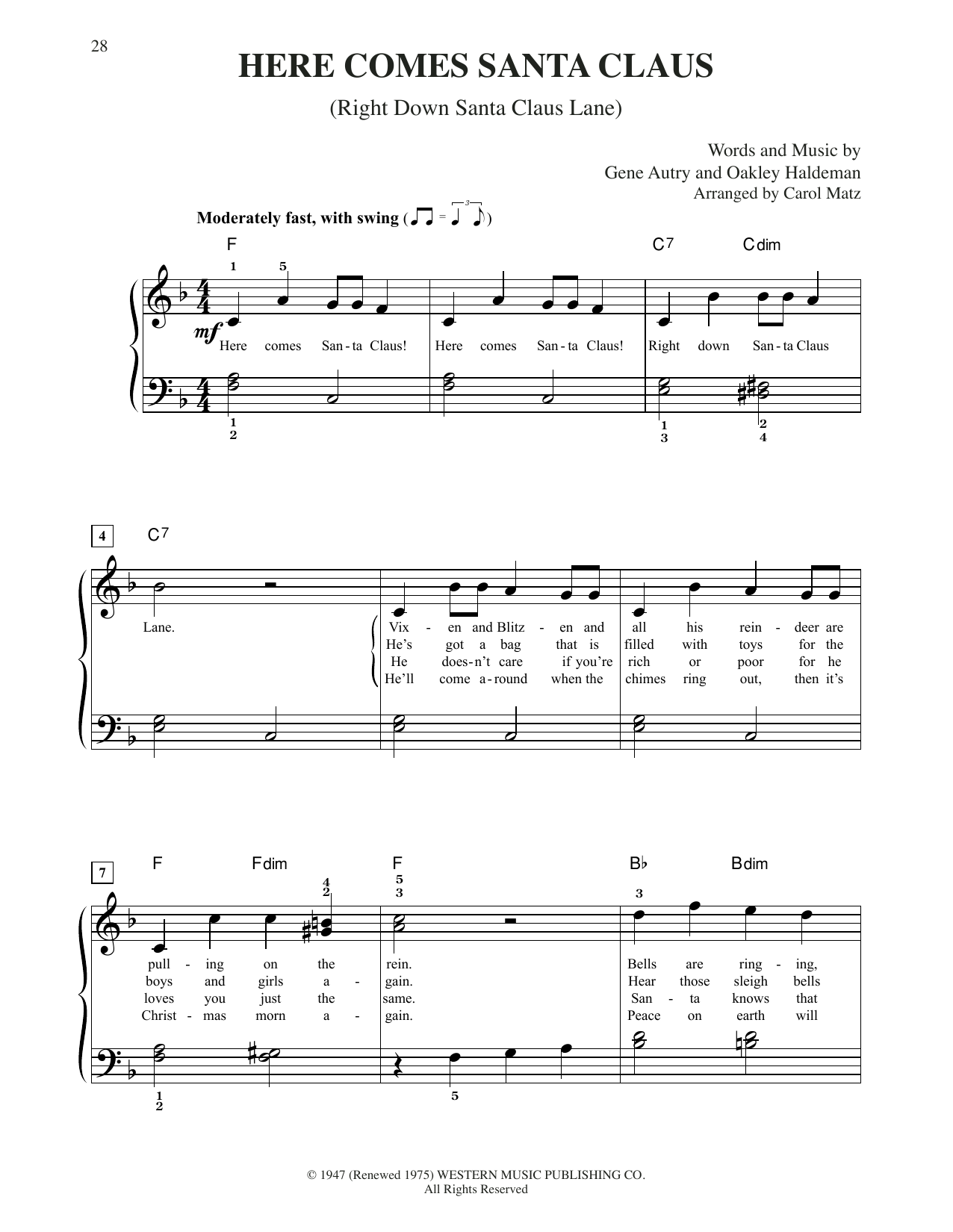 Gene Autry Here Comes Santa Claus (Right Down Santa Claus Lane) (arr. Carol Matz) Sheet Music