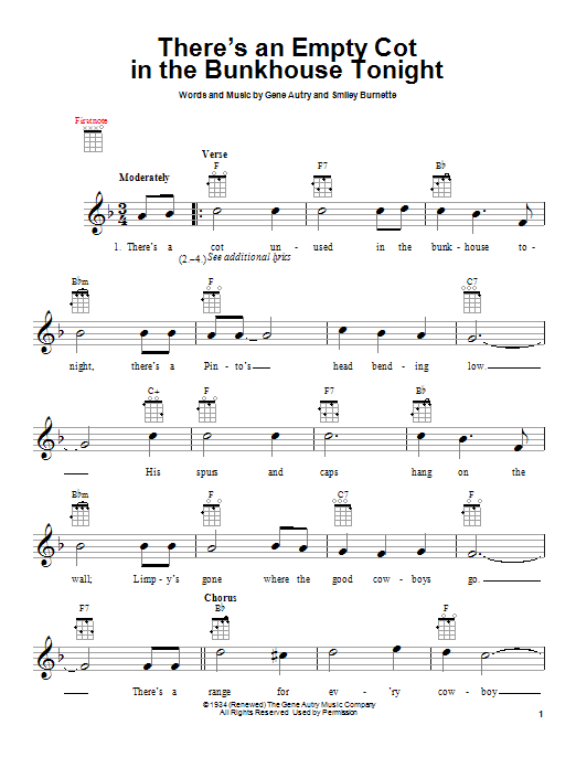 Gene Autry There's An Empty Cot In The Bunkhouse Tonight Sheet Music
