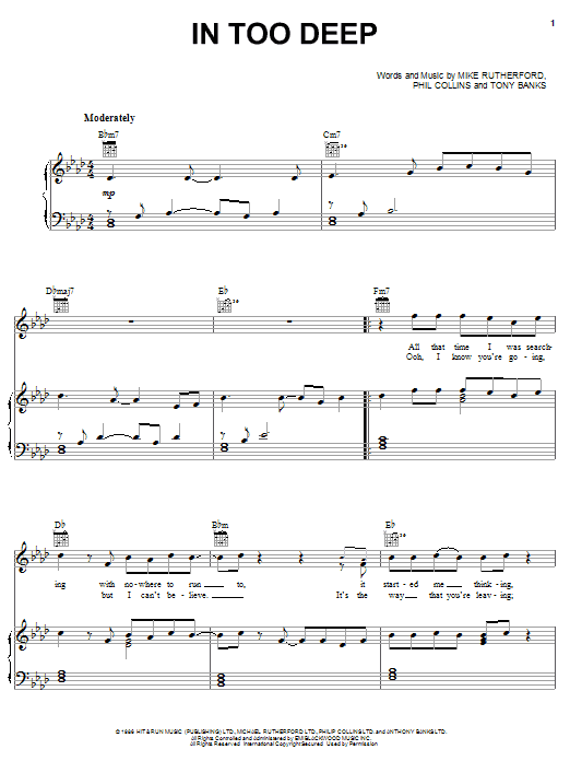 Genesis In Too Deep Sheet Music