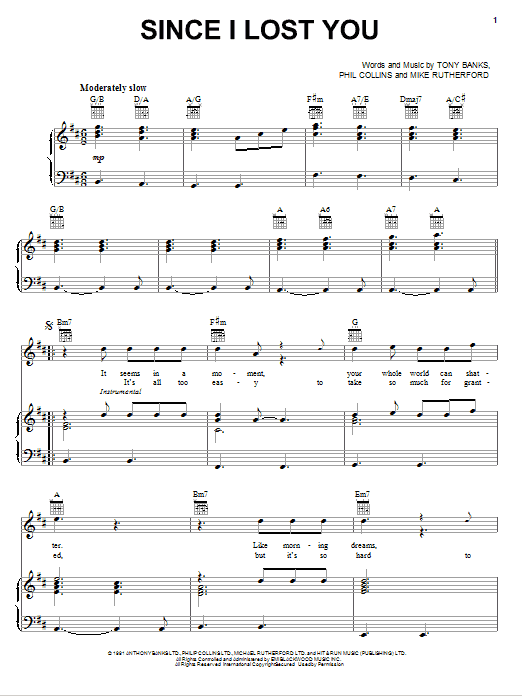 Genesis Since I Lost You Sheet Music