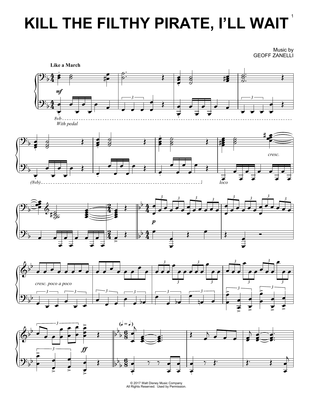 Geoff Zanelli Kill The Filthy Pirate, I'll Wait Sheet Music