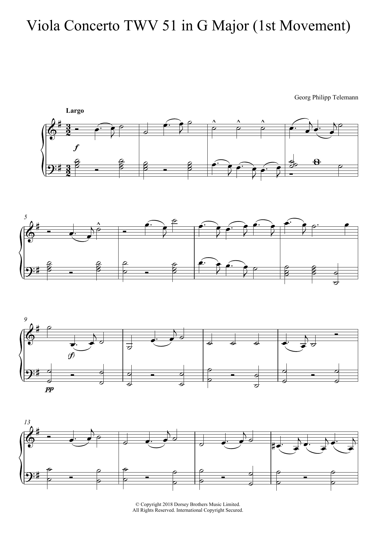 Georg Philipp Telemann Viola Concerto TWV 51 In G Major (1st Movement) Sheet Music