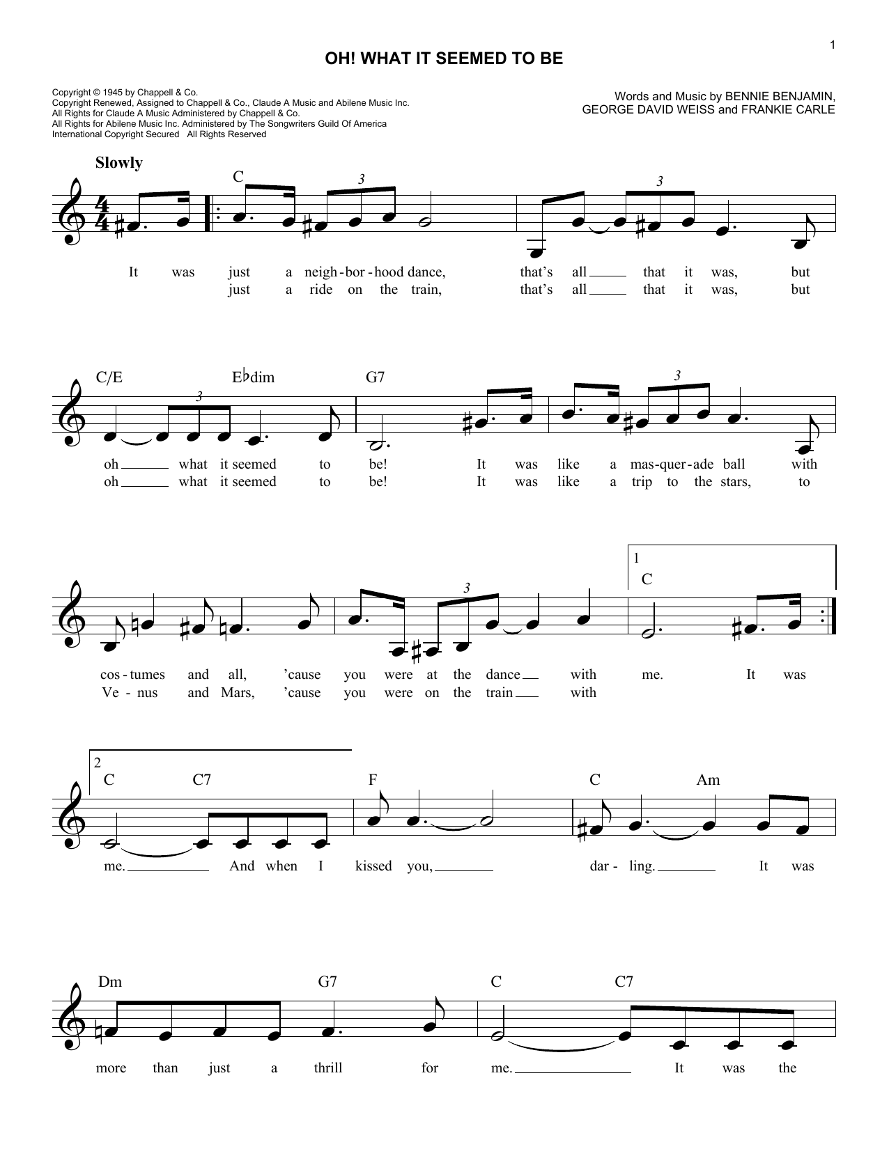 George David Weiss Oh! What It Seemed To Be Sheet Music