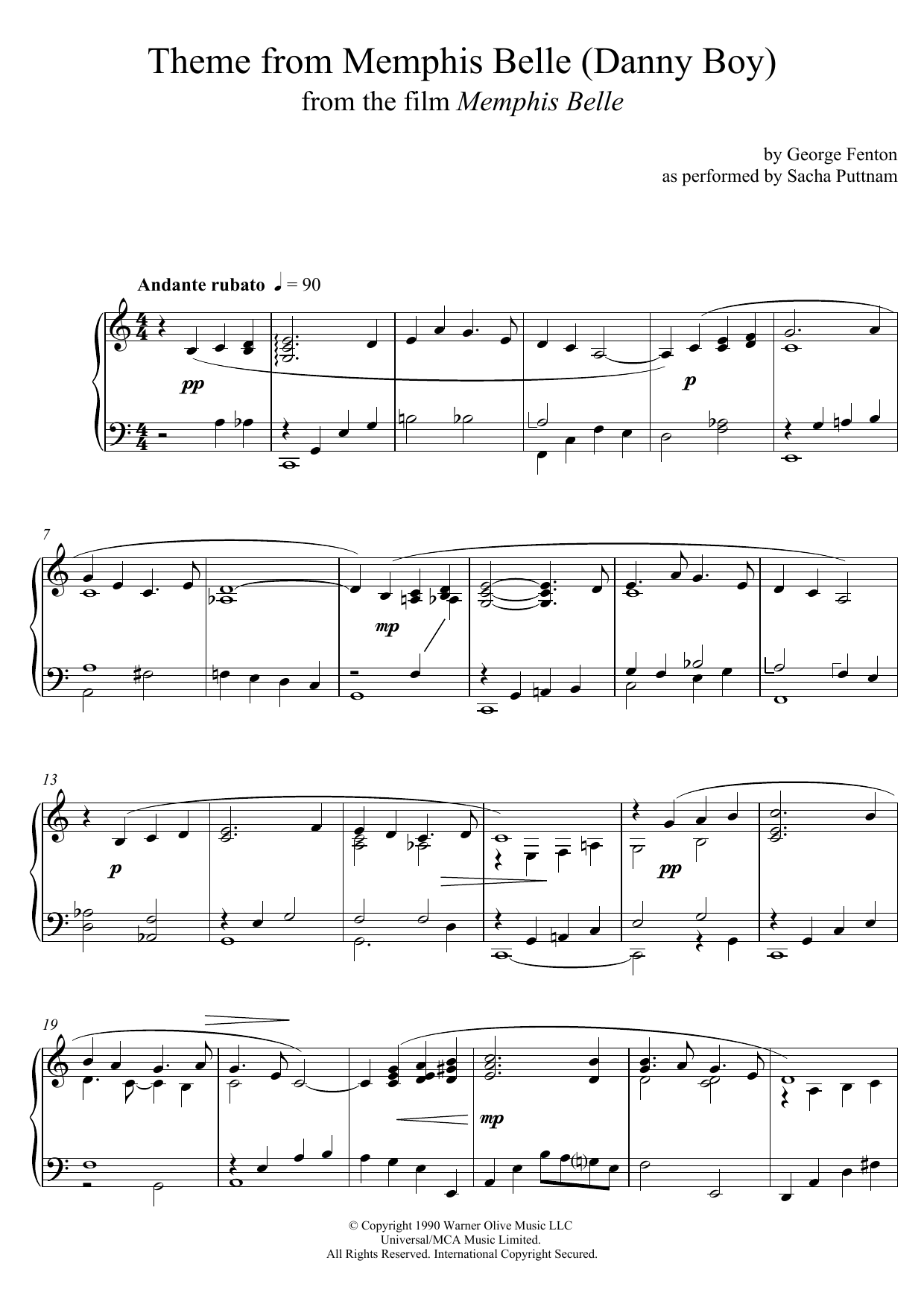 George Fenton Memphis Belle (Main Title) (as performed by Sacha Puttnam) Sheet Music