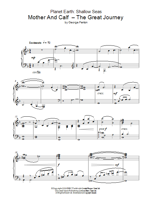 George Fenton Planet Earth: Mother And Calf - The Great Journey Sheet Music
