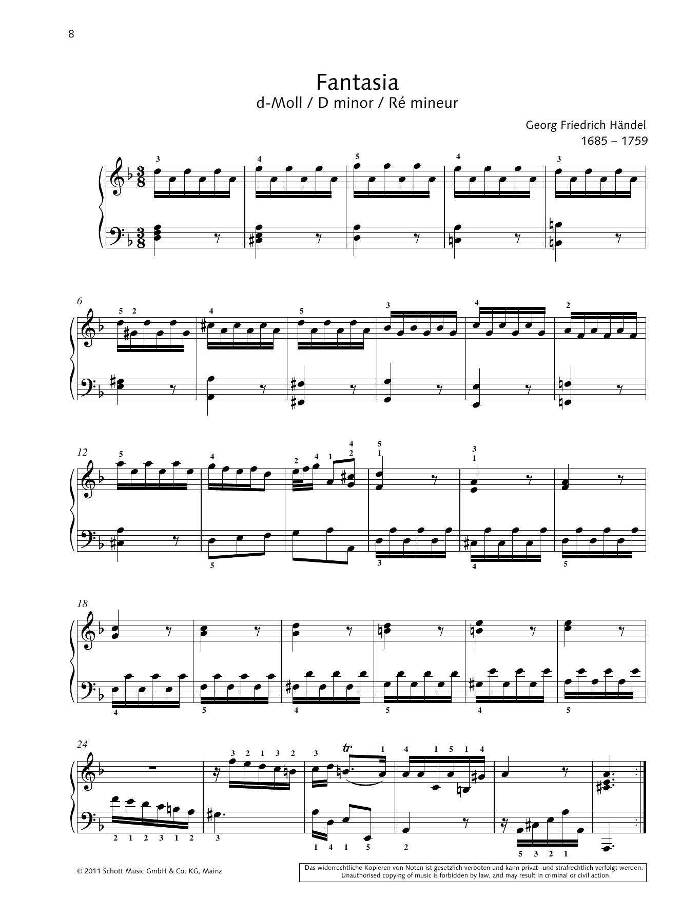 George Frideric Handel Fantasia D minor Sheet Music