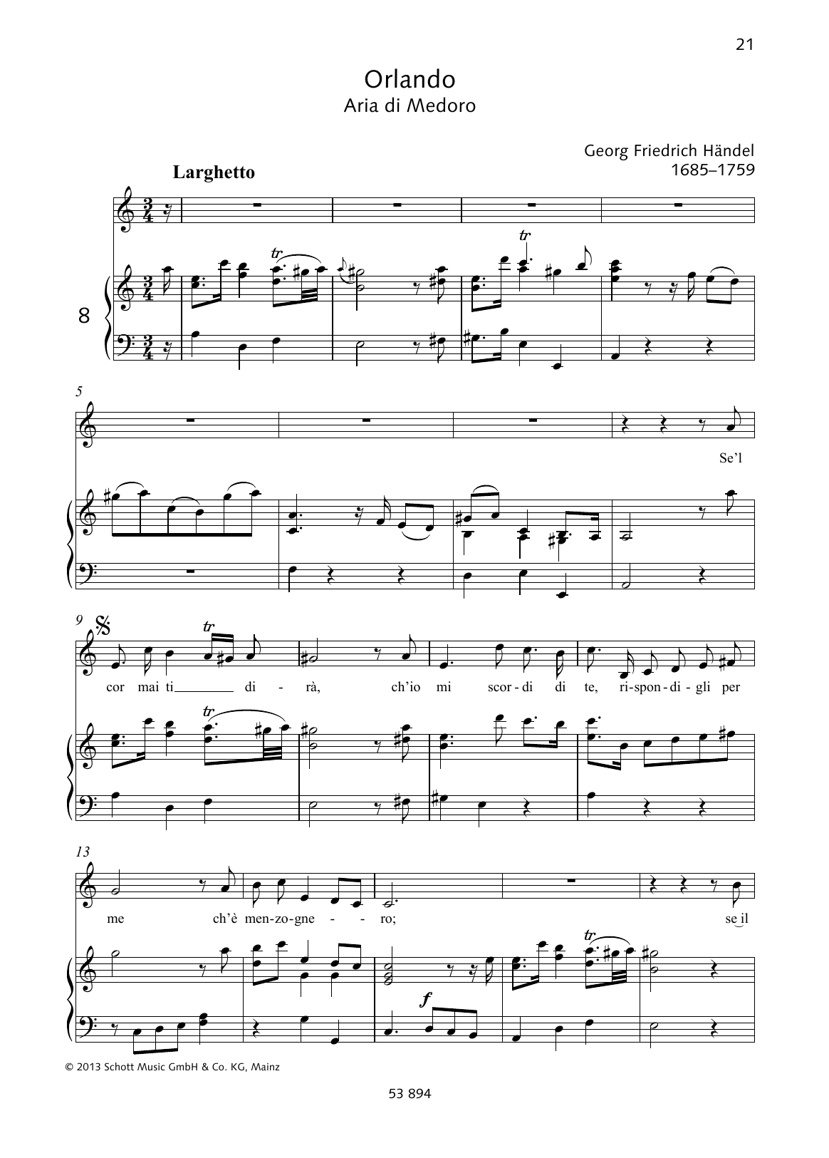 George Frideric Handel Se'l cor mai ti dira Sheet Music