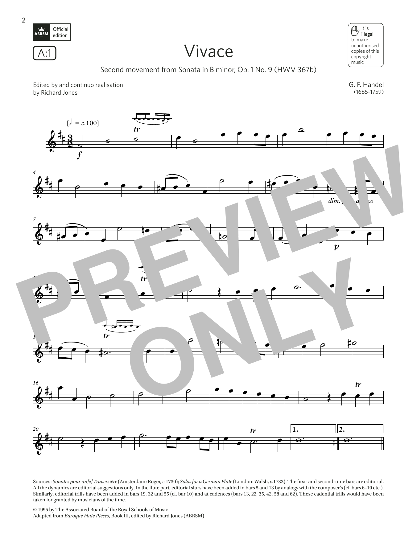 George Frideric Handel Vivace (from Sonata in B minor, Op.1 No.9)(Grade 5 List A1 from the ABRSM Flute Sheet Music