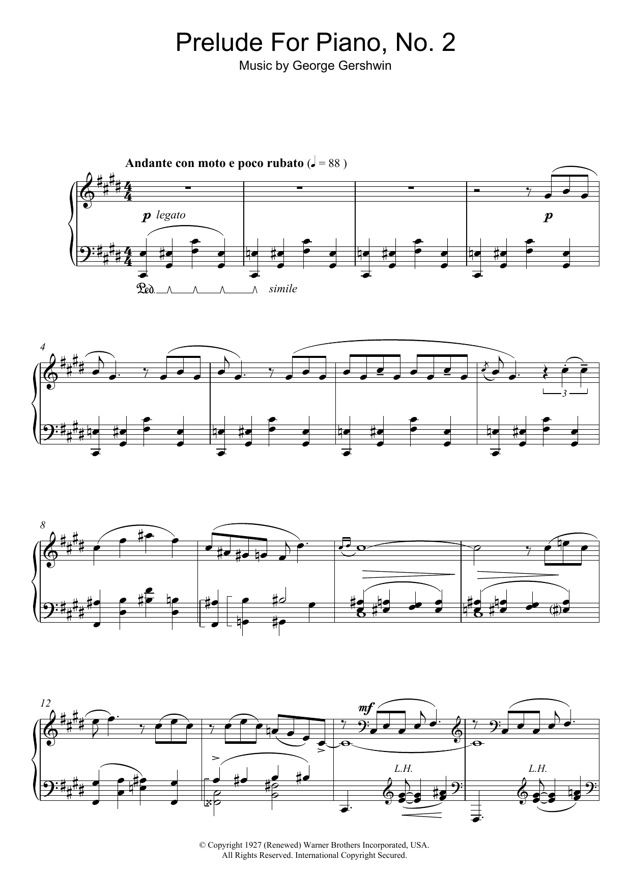 George Gershwin Prelude For Piano, No.2 Sheet Music
