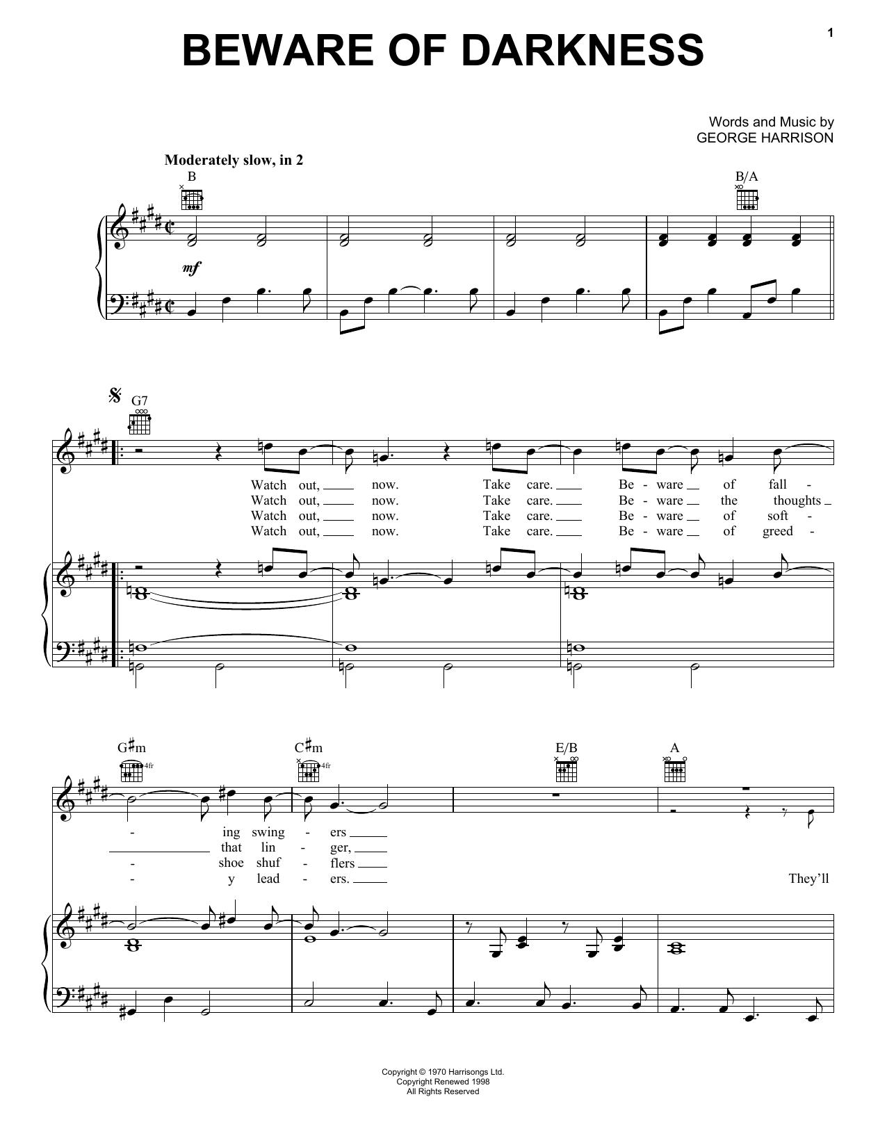 George Harrison Beware Of Darkness Sheet Music