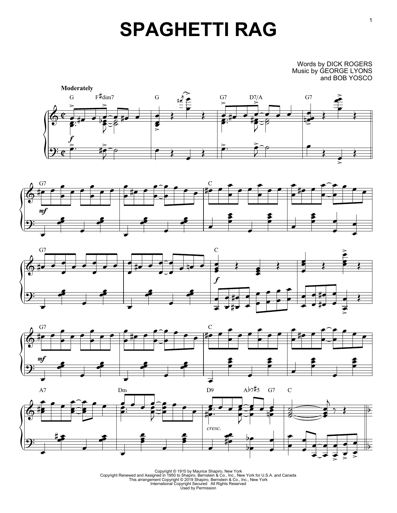 George Lyons and Bob Yosco Spaghetti Rag [Jazz version] Sheet Music