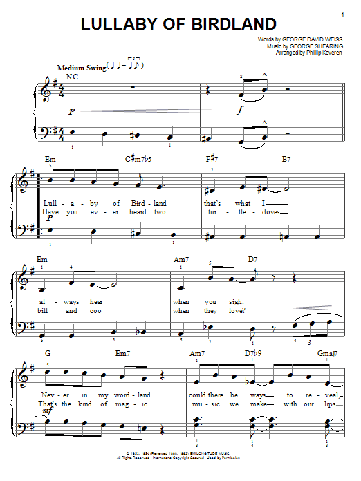 George Shearing Lullaby Of Birdland (arr. Phillip Keveren) Sheet Music