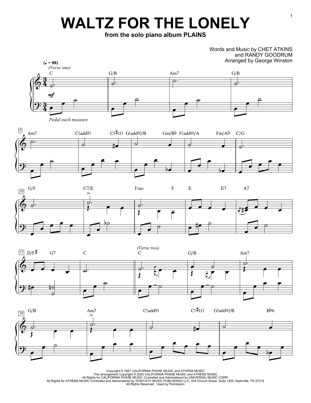 George Winston Waltz For The Lonely Sheet Music