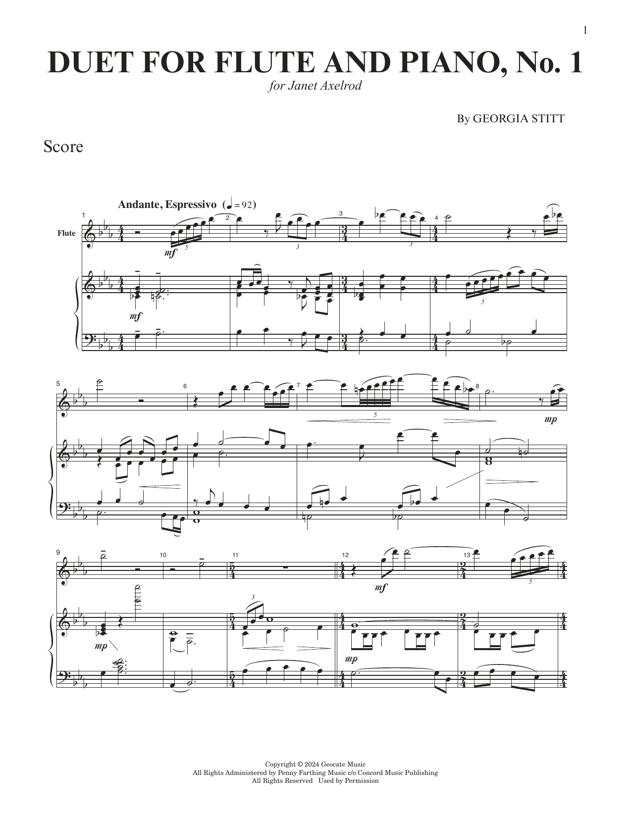 Georgia Stitt Duet For Flute And Piano, No. 1 Sheet Music