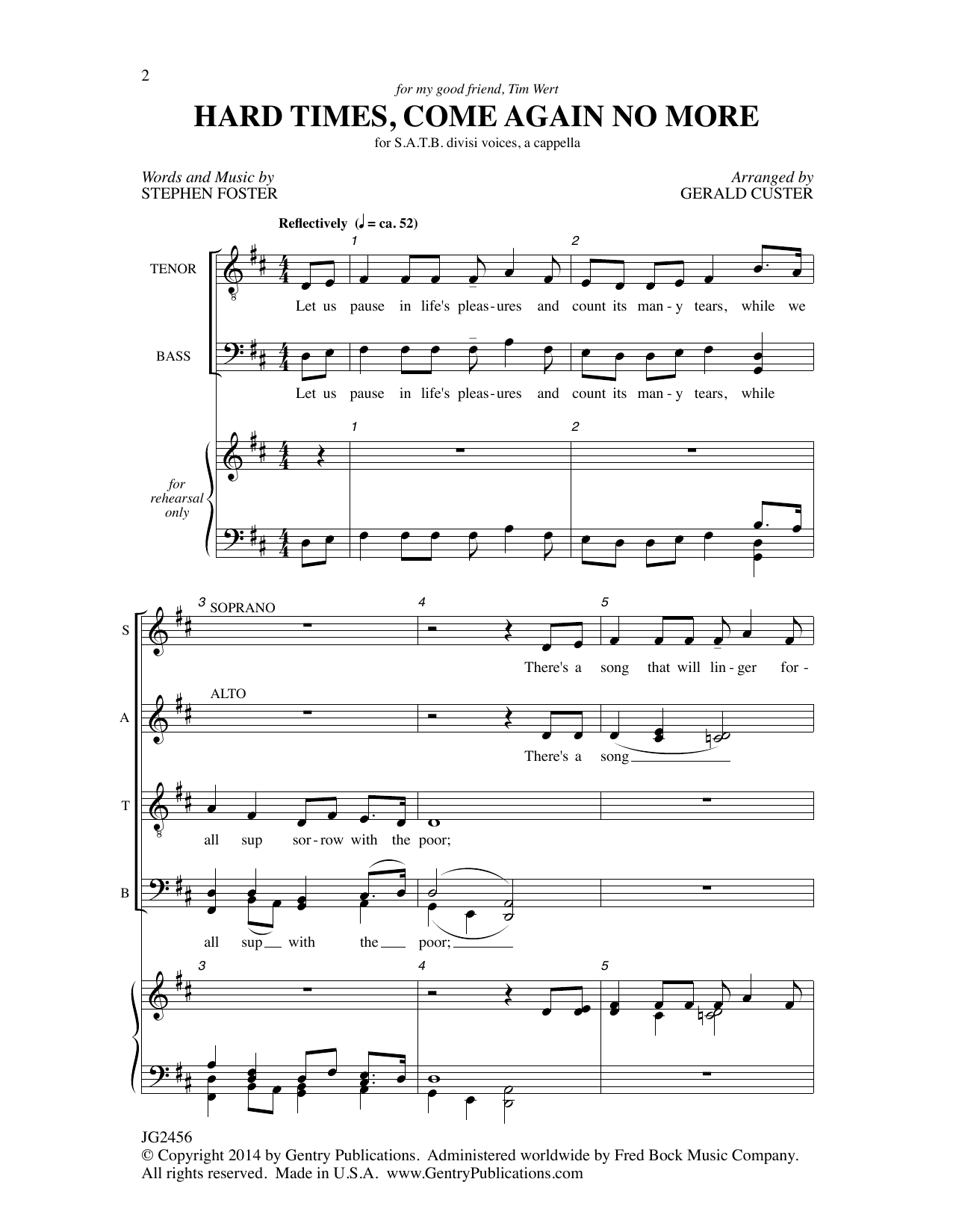 Gerald Custer Hard Times, Come Again No More Sheet Music