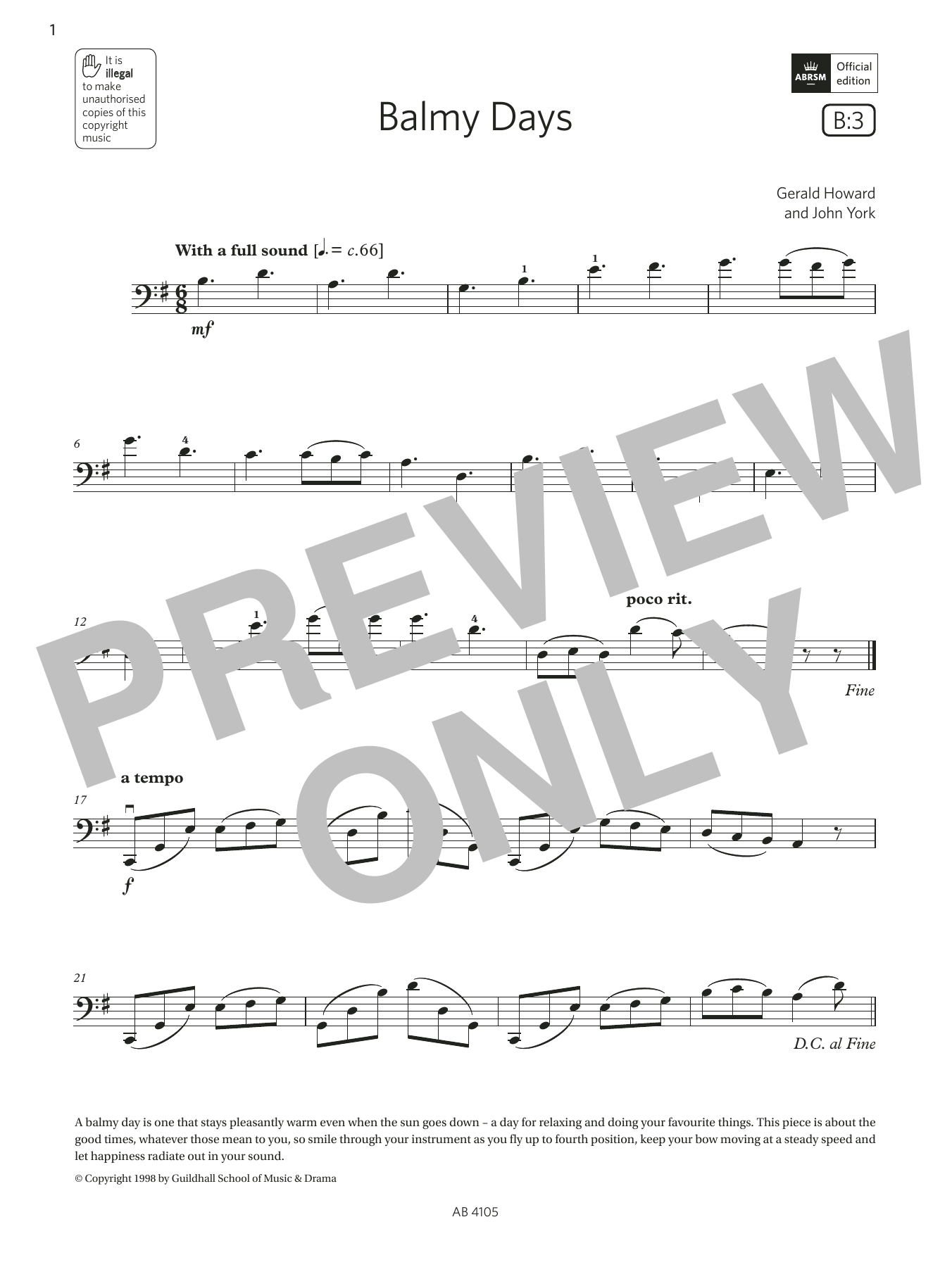 Gerald Howard & John York Balmy Days (Grade 2, B3, from the ABRSM Cello Syllabus from 2024) Sheet Music